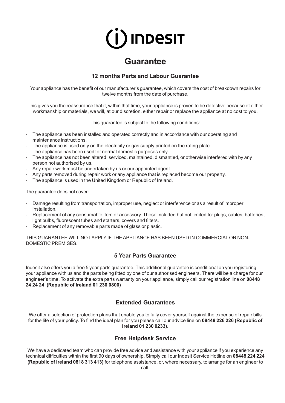 Guarantee | Indesit PIM 604GB User Manual | Page 8 / 12