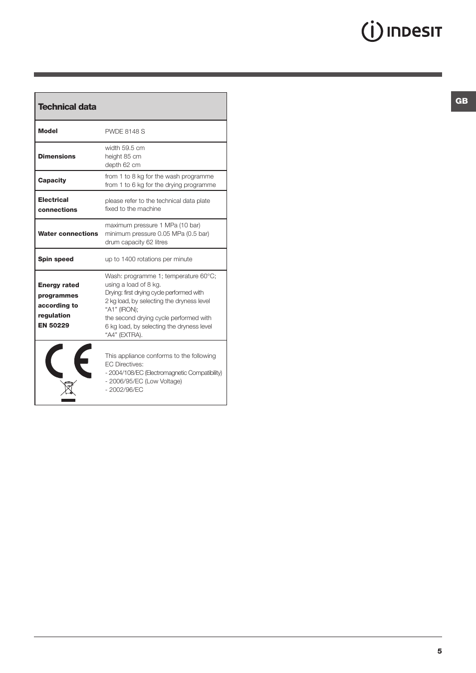 Technical data | Indesit PWDE 8148 S User Manual | Page 5 / 16