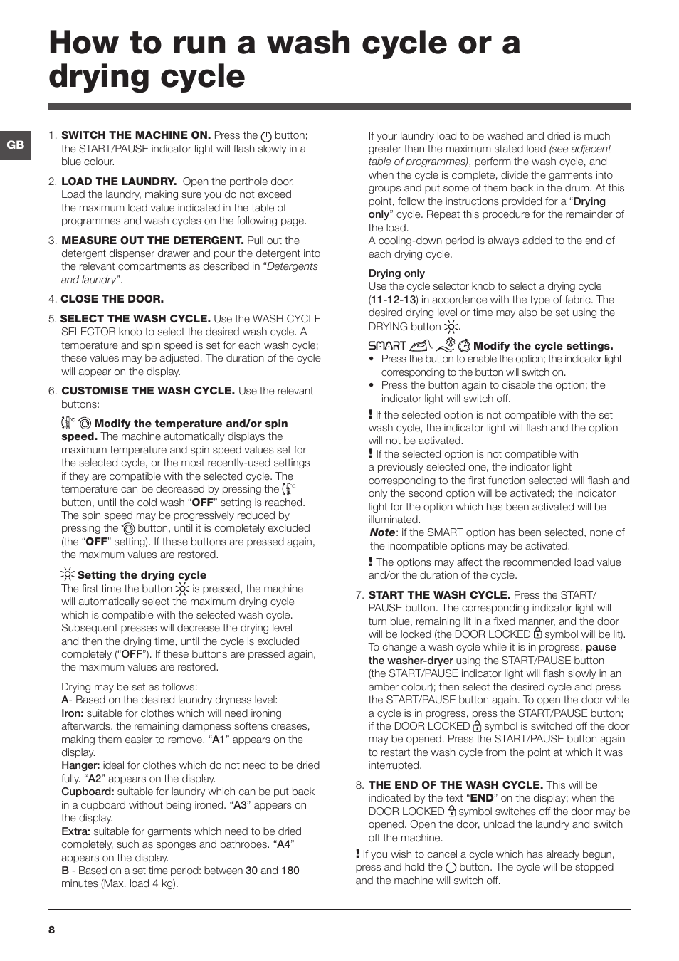 How to run a wash cycle or a drying cycle | Indesit PWDE 8148 S User Manual | Page 8 / 16