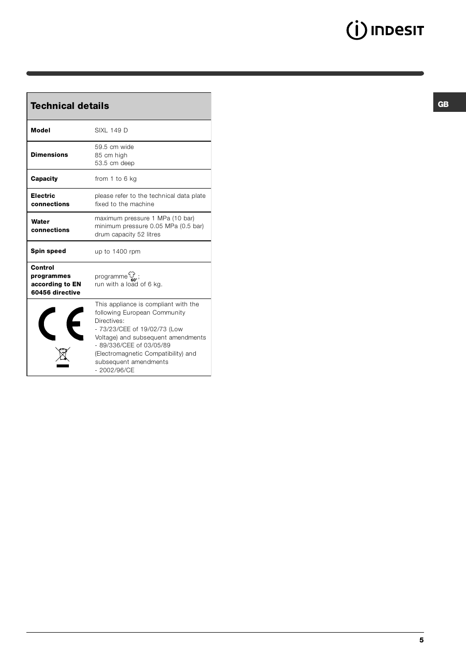 Technical details | Indesit SIXL 149 D User Manual | Page 5 / 16