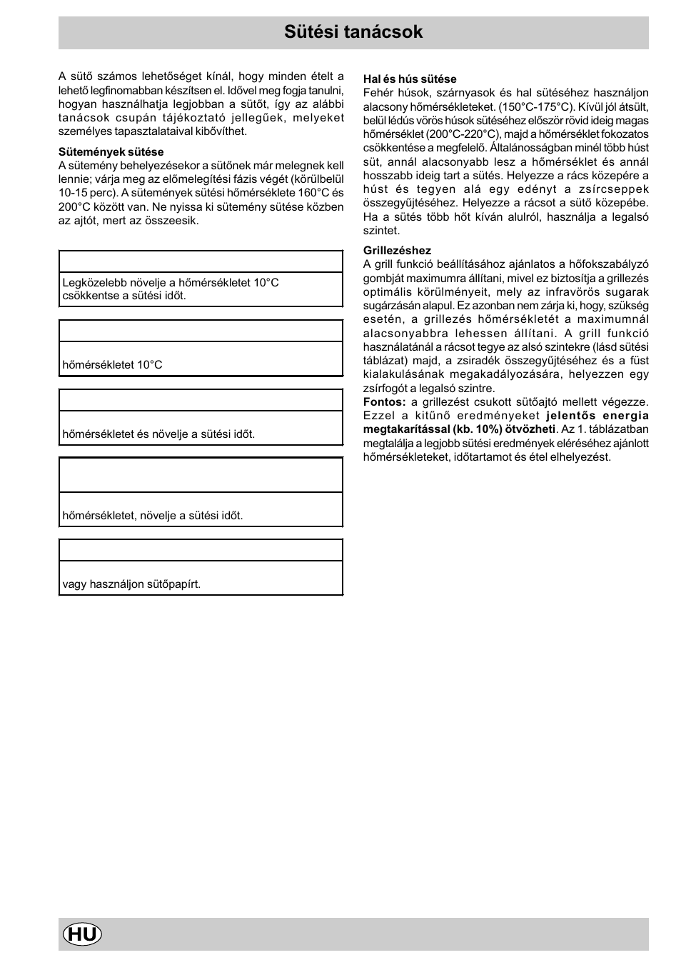 Sütési tanácsok | Indesit K3C11/R User Manual | Page 45 / 57