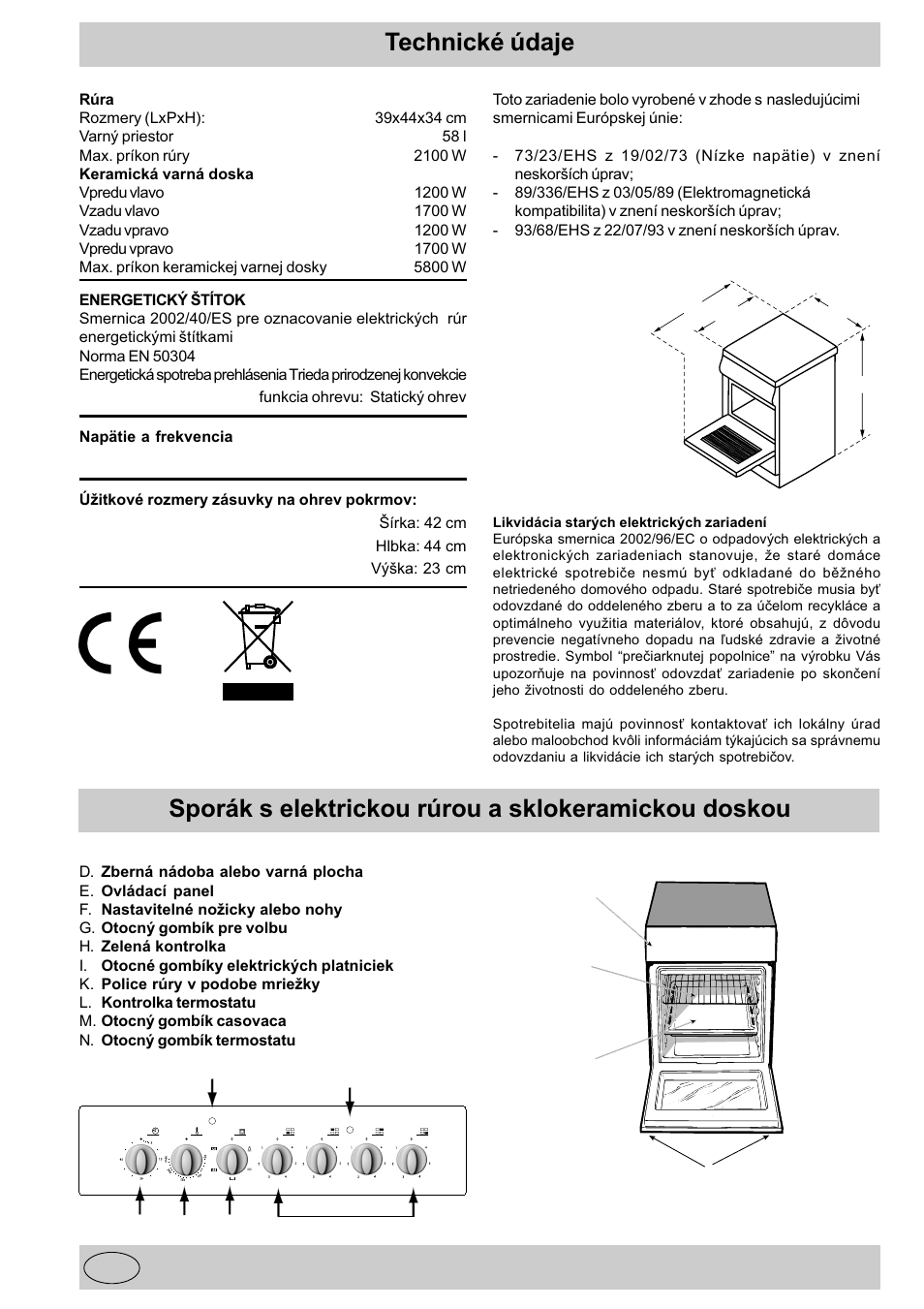 Technické údaje, Sporák s elektrickou rúrou a sklokeramickou doskou | Indesit K3C11/R User Manual | Page 51 / 57