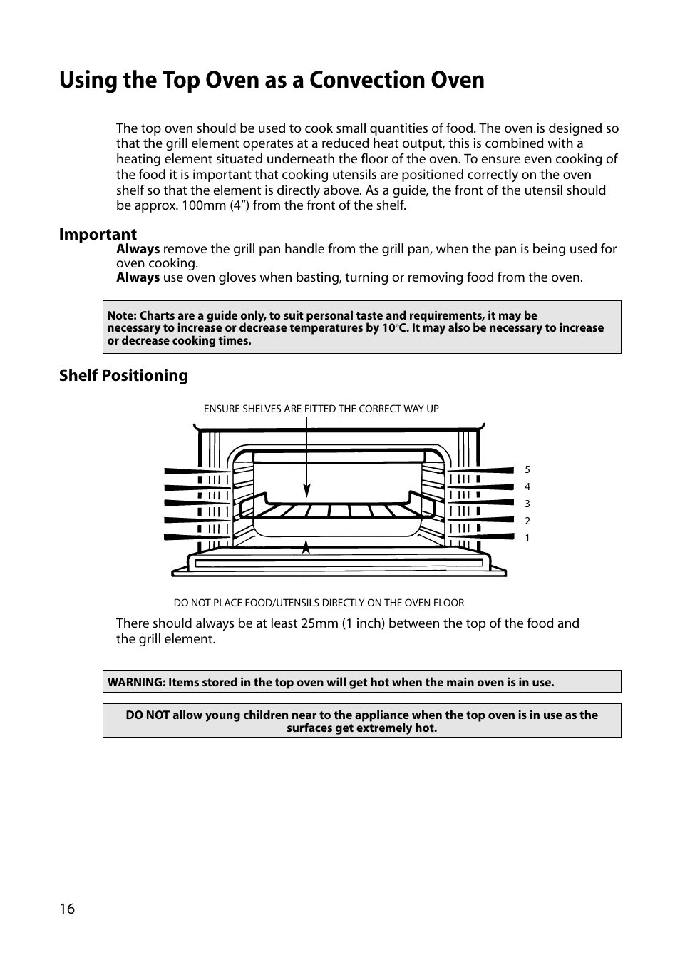 Using the top oven as a convection oven, Important, Shelf positioning | Indesit FIU20 MK2 User Manual | Page 16 / 32