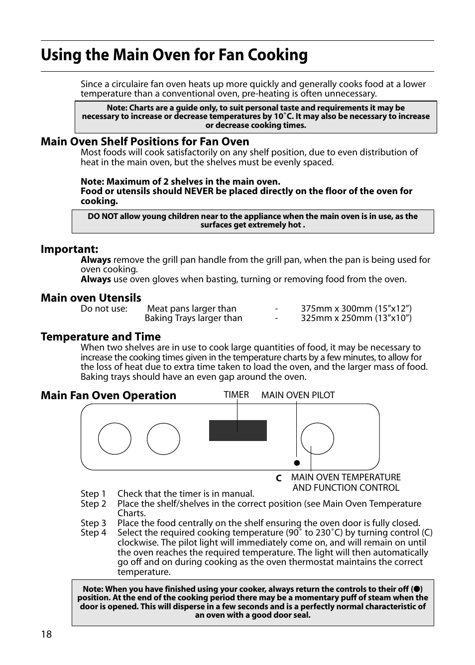 Using the main oven for fan cooking, Main oven shelf positions for fan oven, Important | Main oven utensils, Temperature and time, Main fan oven operation | Indesit FIU20 MK2 User Manual | Page 18 / 32