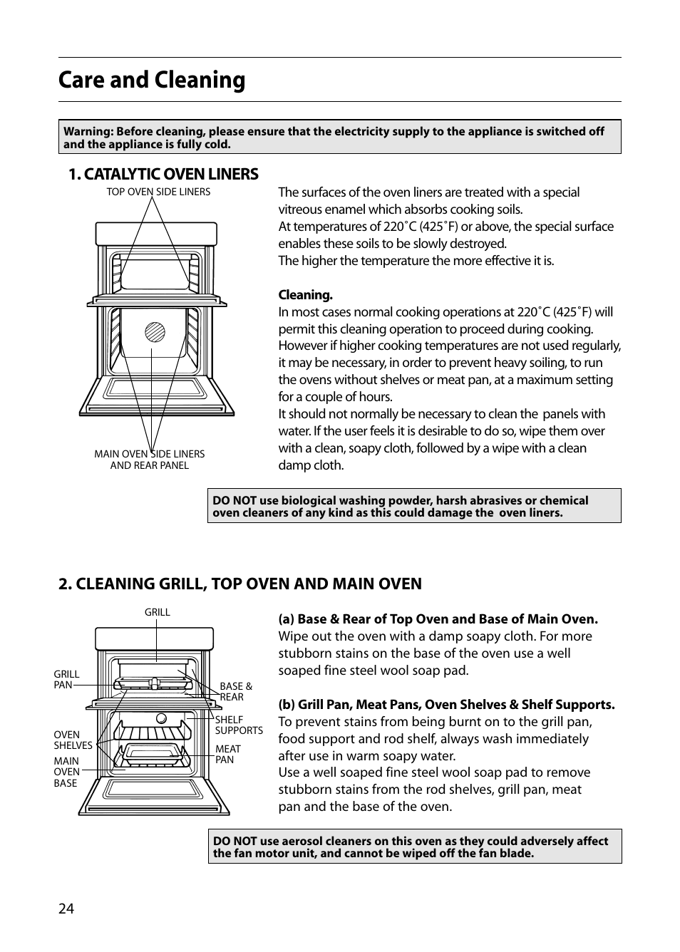 Care and cleaning, Catalytic oven liners, Cleaning grill, top oven and main oven | Indesit FIU20 MK2 User Manual | Page 24 / 32