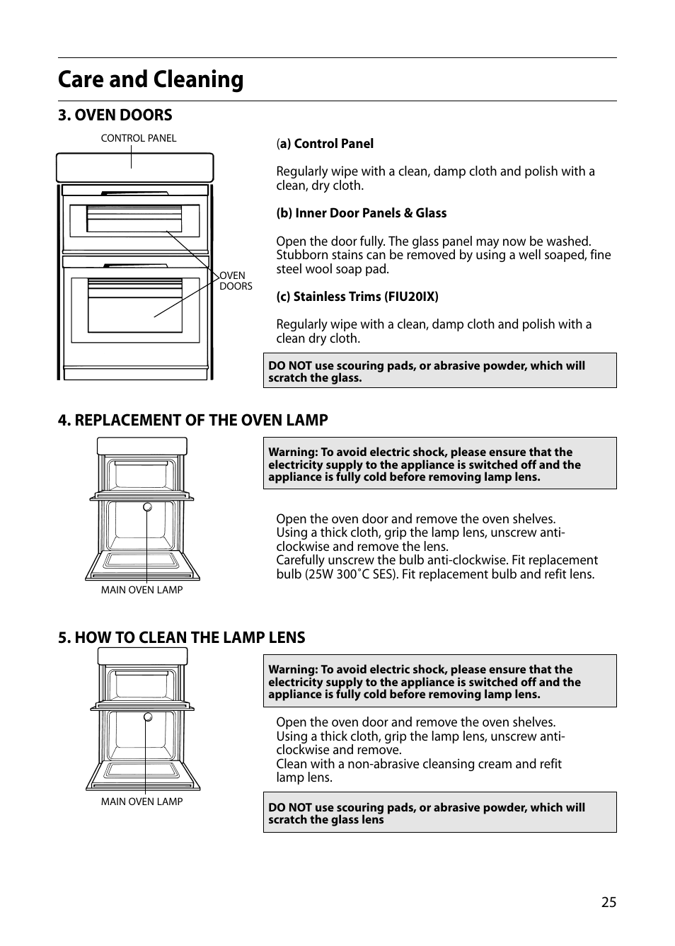 Care and cleaning, Oven doors, Replacement of the oven lamp | How to clean the lamp lens | Indesit FIU20 MK2 User Manual | Page 25 / 32