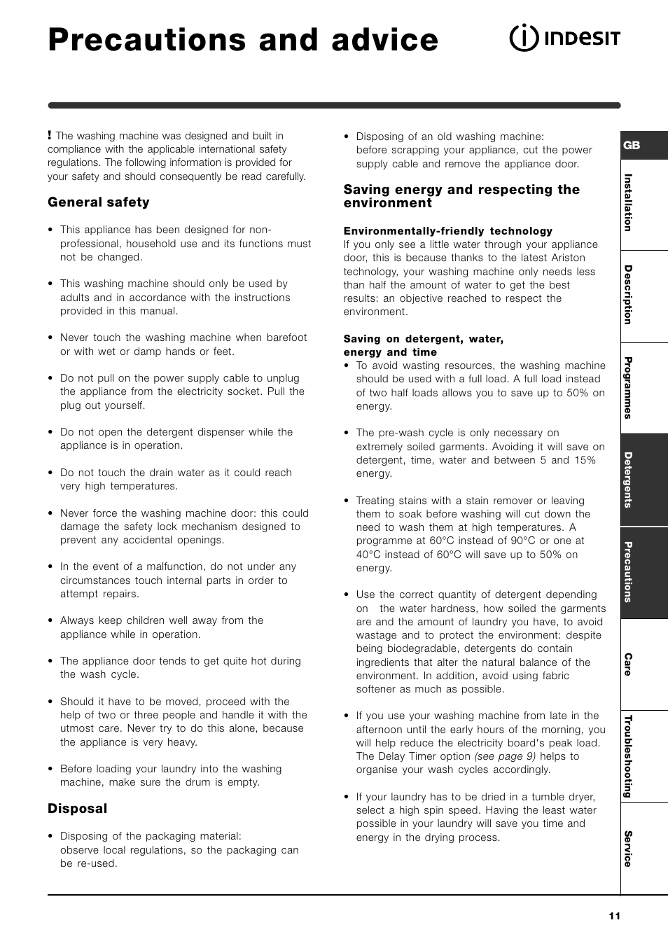 Precautions and advice, General safety, Disposal | Saving energy and respecting the environment | Indesit WIL 133 User Manual | Page 11 / 16