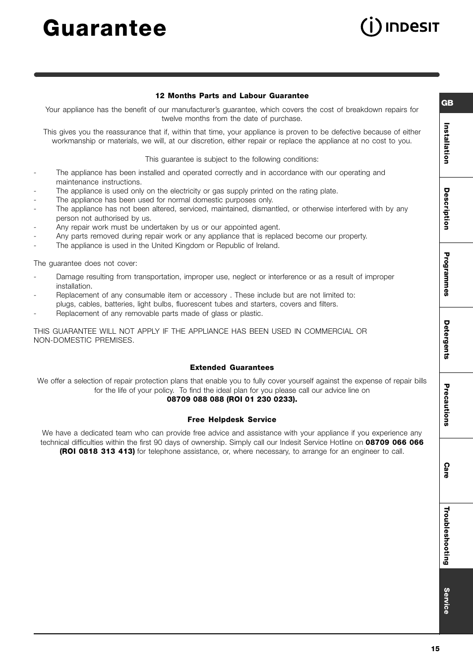 Guarantee | Indesit WIA 101 User Manual | Page 15 / 16