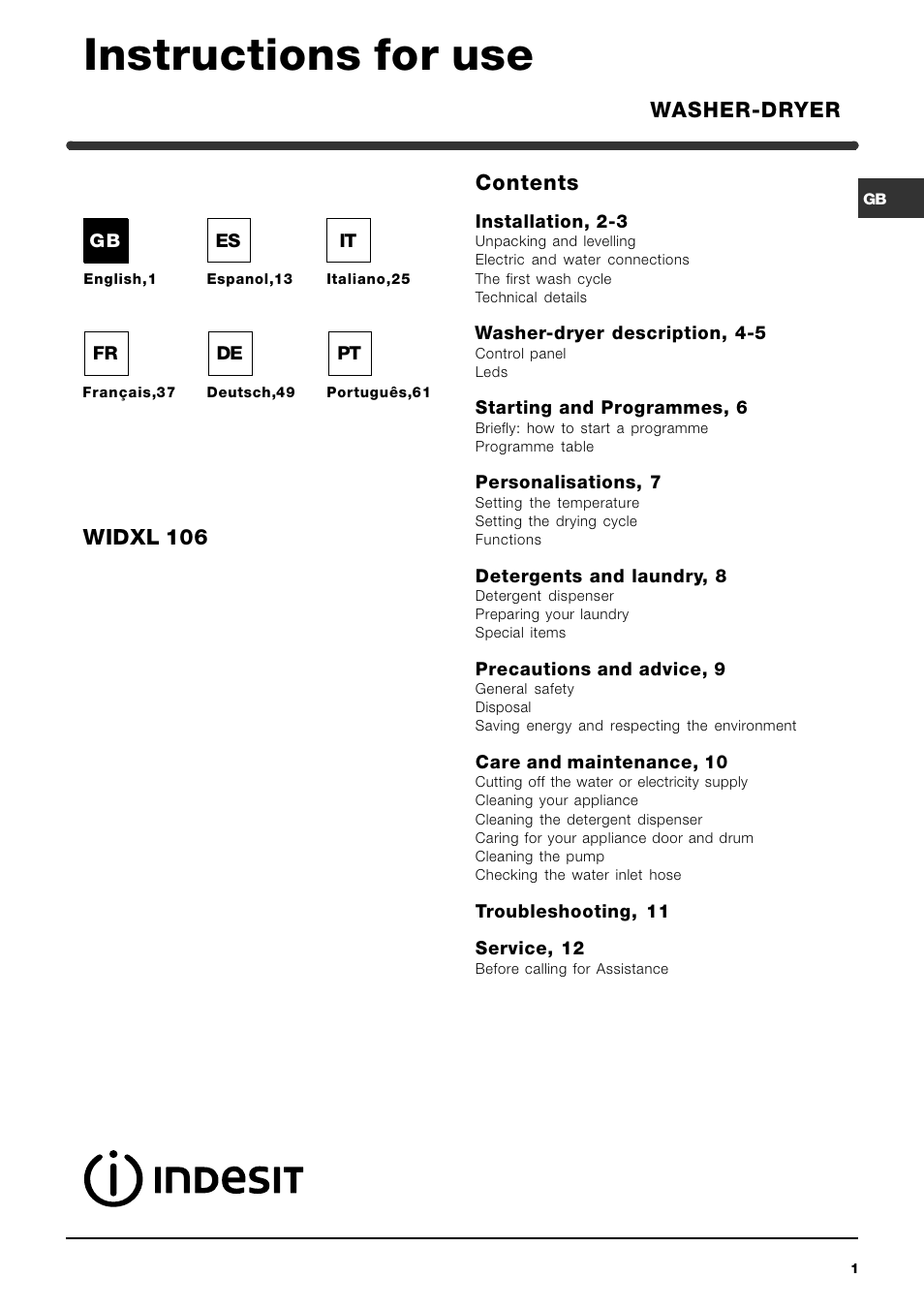 Indesit WIDXL 106 User Manual | 72 pages