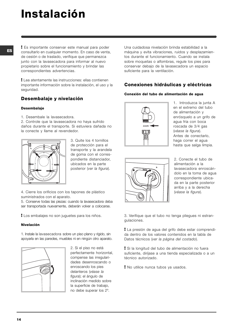 Instalación, Desembalaje y nivelación, Conexiones hidráulicas y eléctricas | Indesit WIDXL 106 User Manual | Page 14 / 72