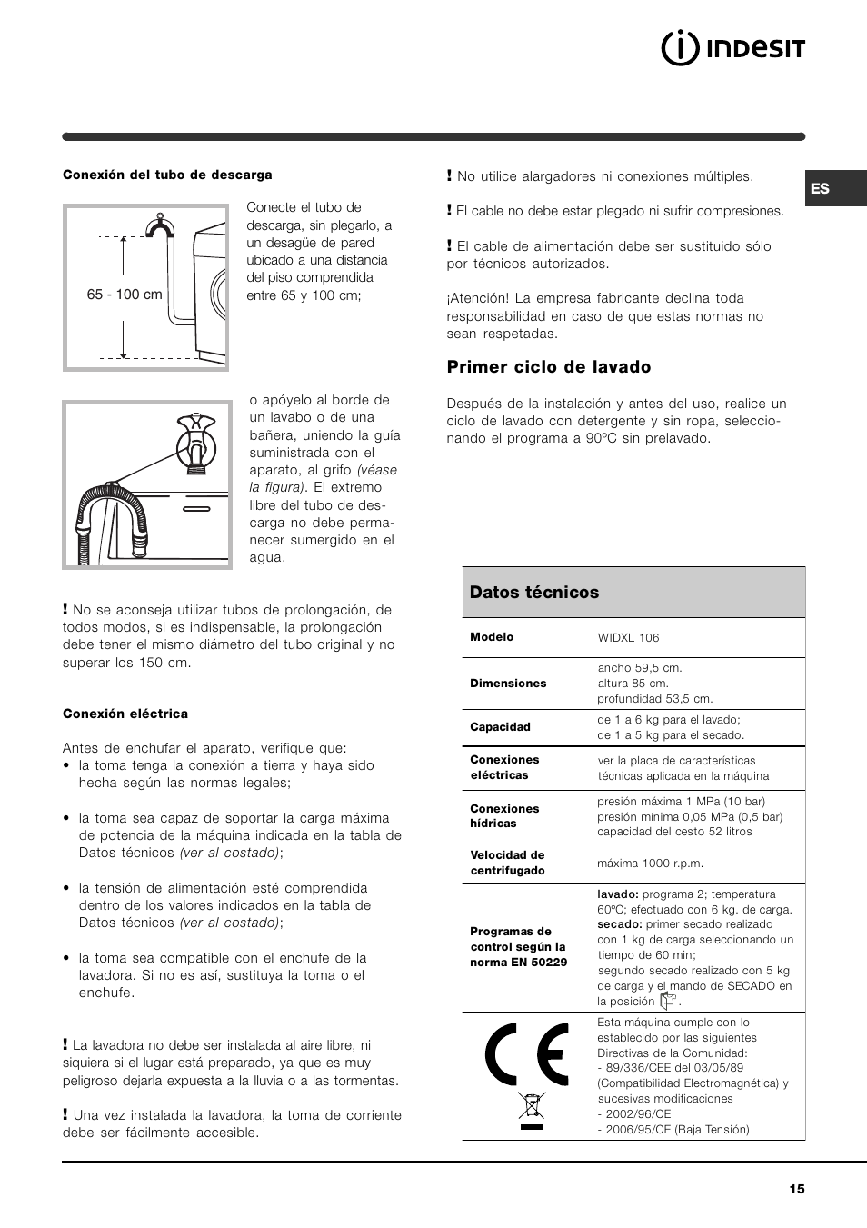 Primer ciclo de lavado, Datos técnicos | Indesit WIDXL 106 User Manual | Page 15 / 72