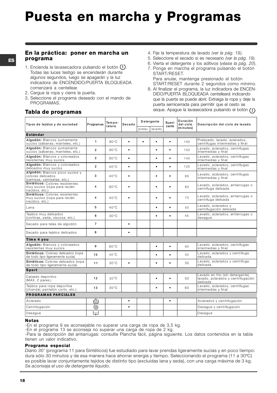 Puesta en marcha y programas | Indesit WIDXL 106 User Manual | Page 18 / 72