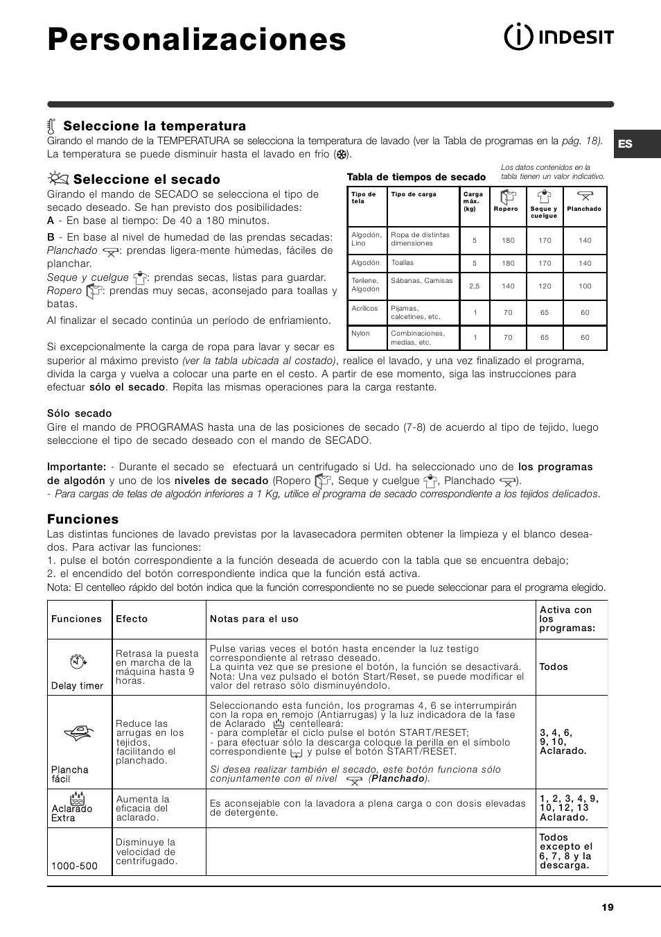Personalizaciones, Seleccione la temperatura, Seleccione el secado | Funciones | Indesit WIDXL 106 User Manual | Page 19 / 72