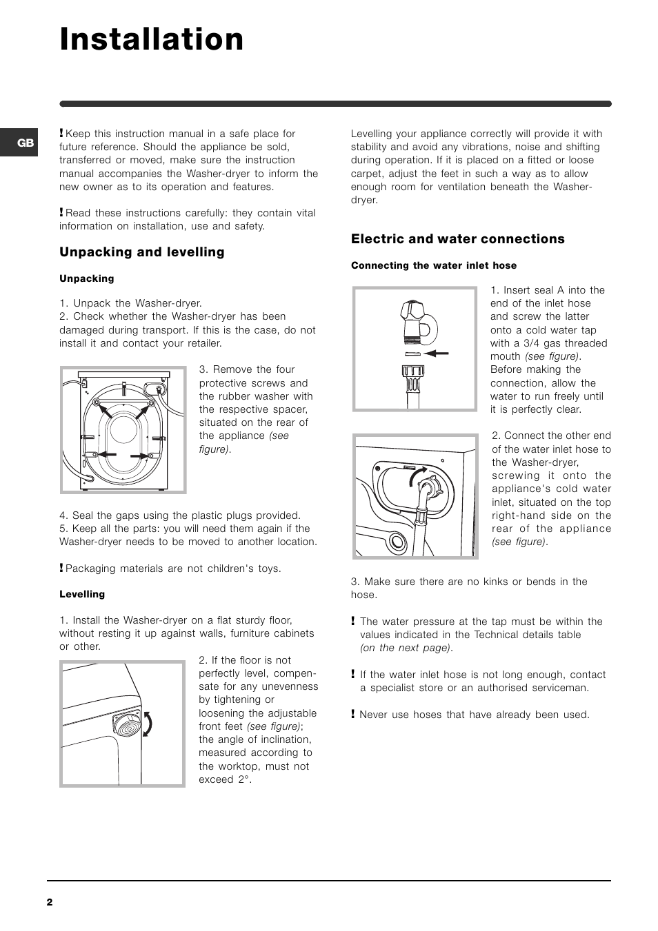 Installation | Indesit WIDXL 106 User Manual | Page 2 / 72