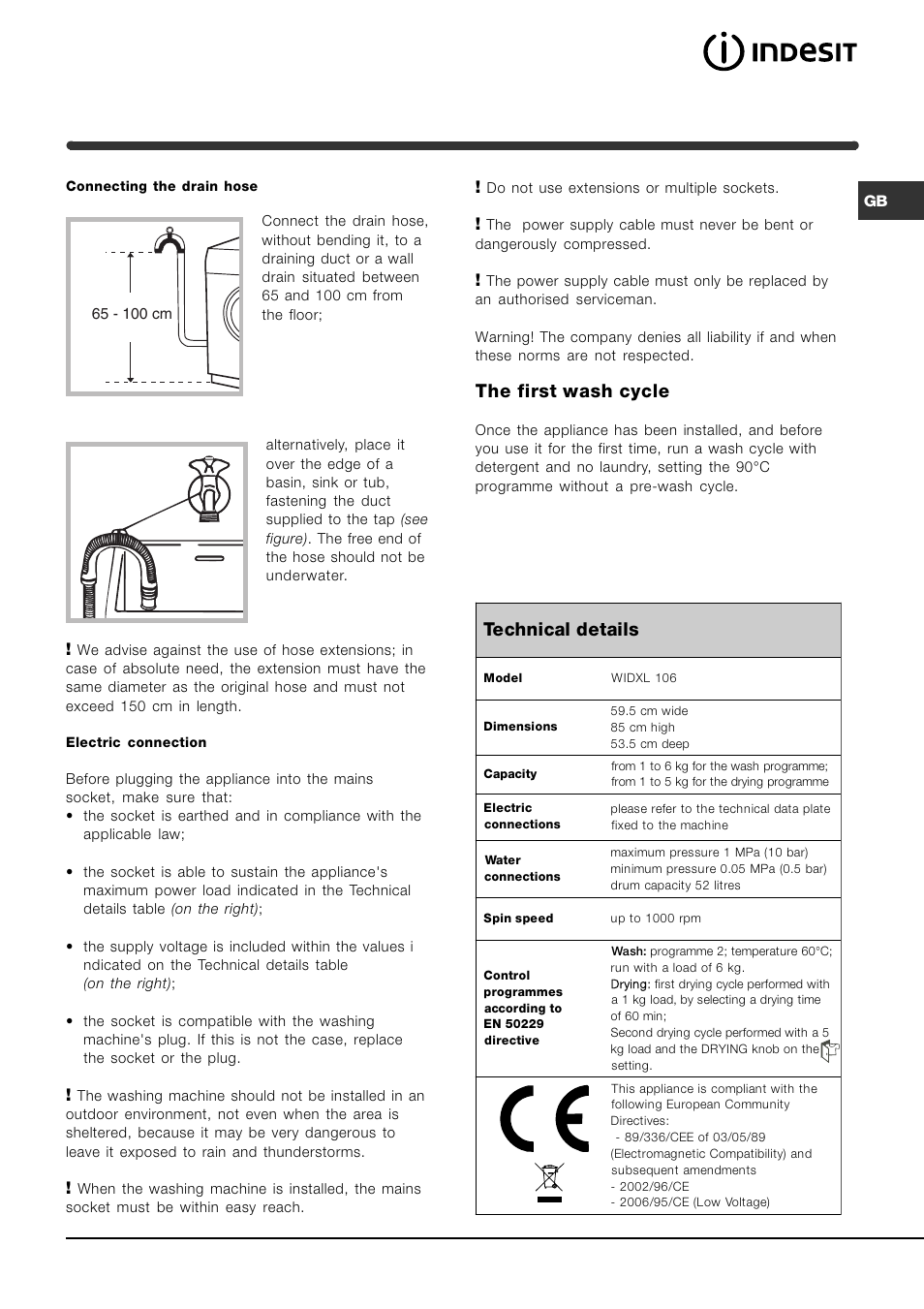 Technical details, The first wash cycle | Indesit WIDXL 106 User Manual | Page 3 / 72
