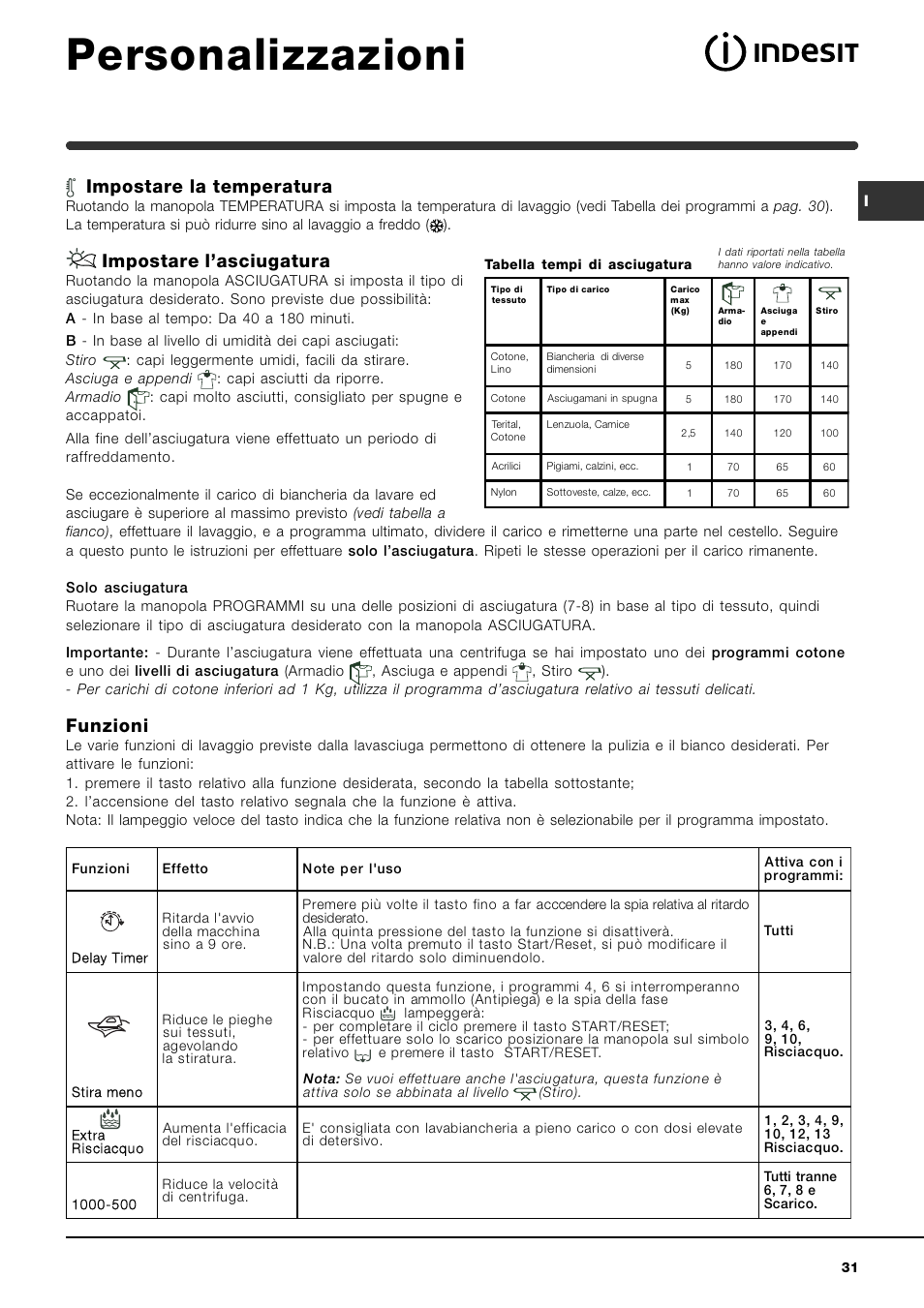 Personalizzazioni, Impostare la temperatura, Impostare lasciugatura | Funzioni | Indesit WIDXL 106 User Manual | Page 31 / 72