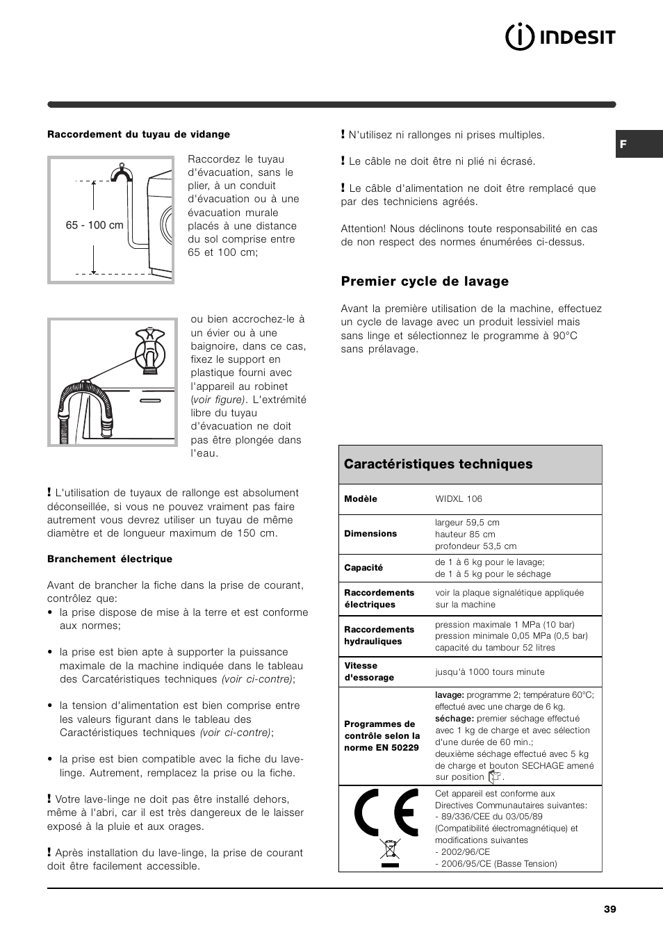 Premier cycle de lavage, Caractéristiques techniques | Indesit WIDXL 106 User Manual | Page 39 / 72