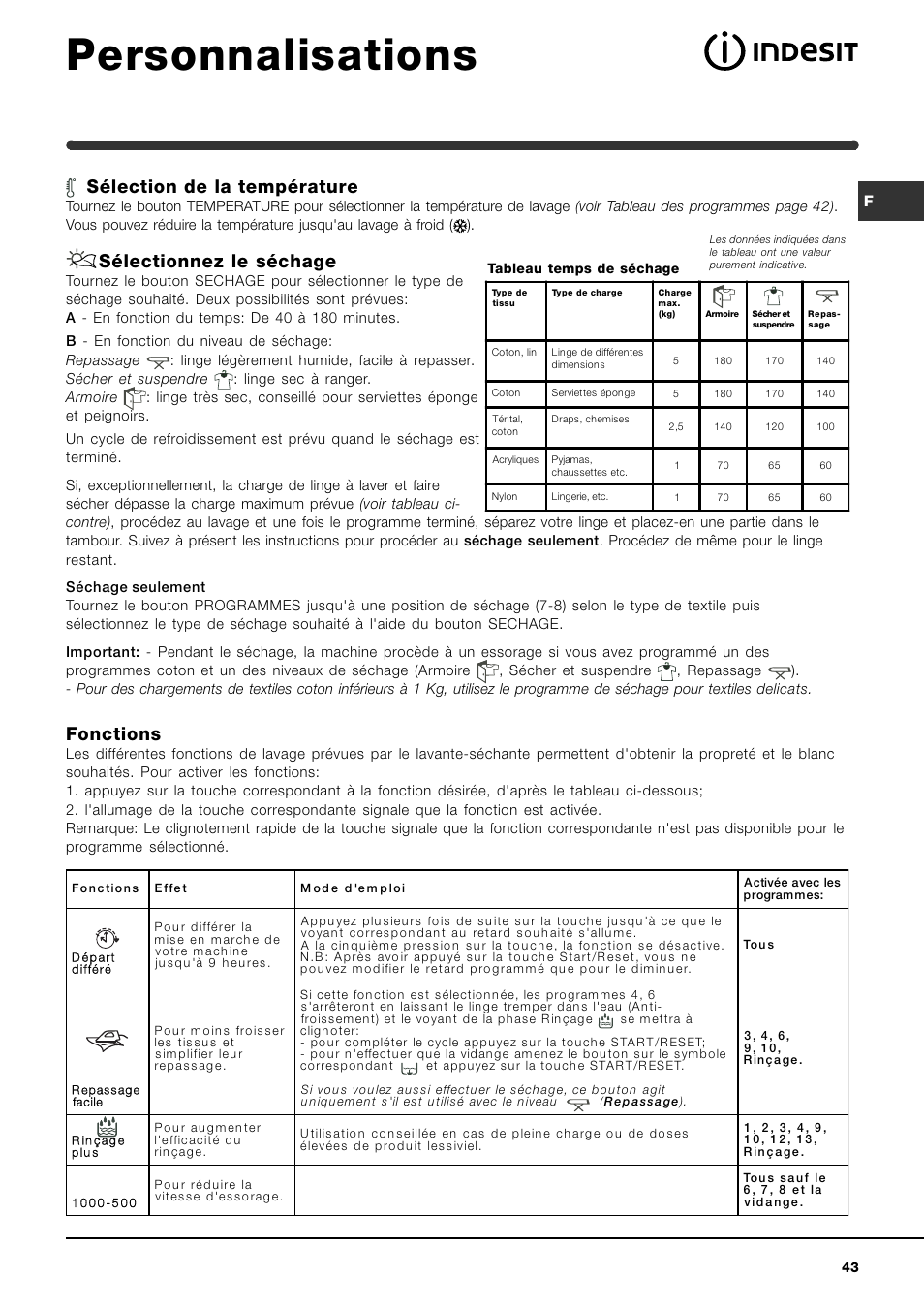 Personnalisations, Sélection de la température, Sélectionnez le séchage | Fonctions | Indesit WIDXL 106 User Manual | Page 43 / 72