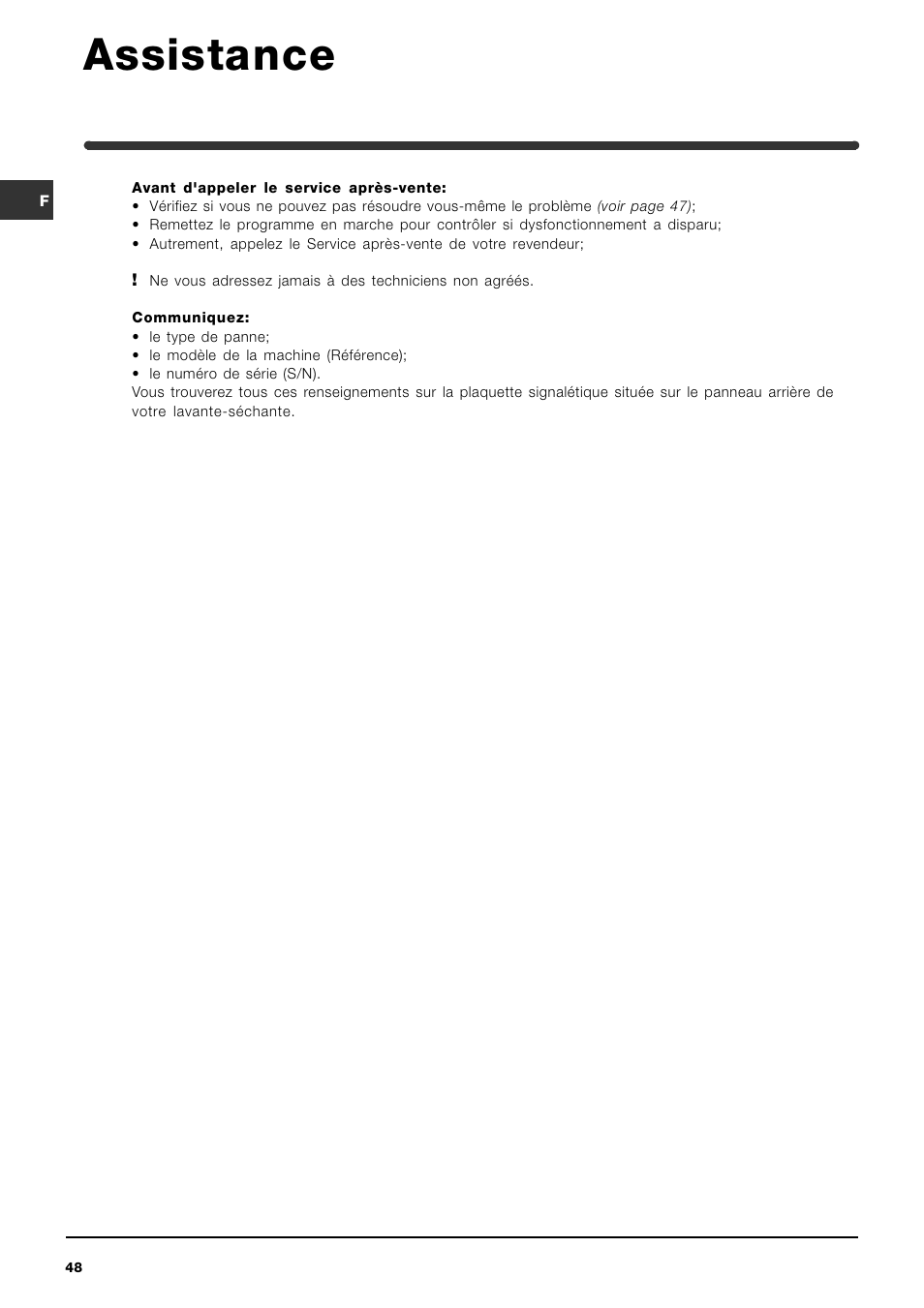 Assistance | Indesit WIDXL 106 User Manual | Page 48 / 72