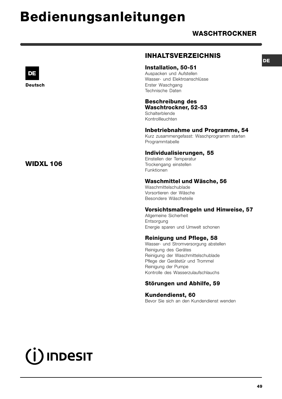 Indesit WIDXL 106 User Manual | Page 49 / 72