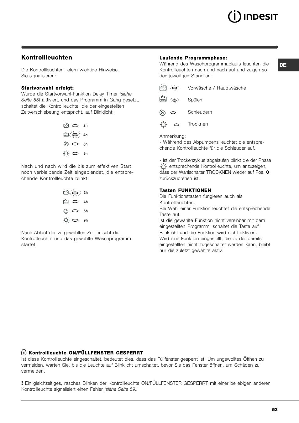 Kontrollleuchten | Indesit WIDXL 106 User Manual | Page 53 / 72