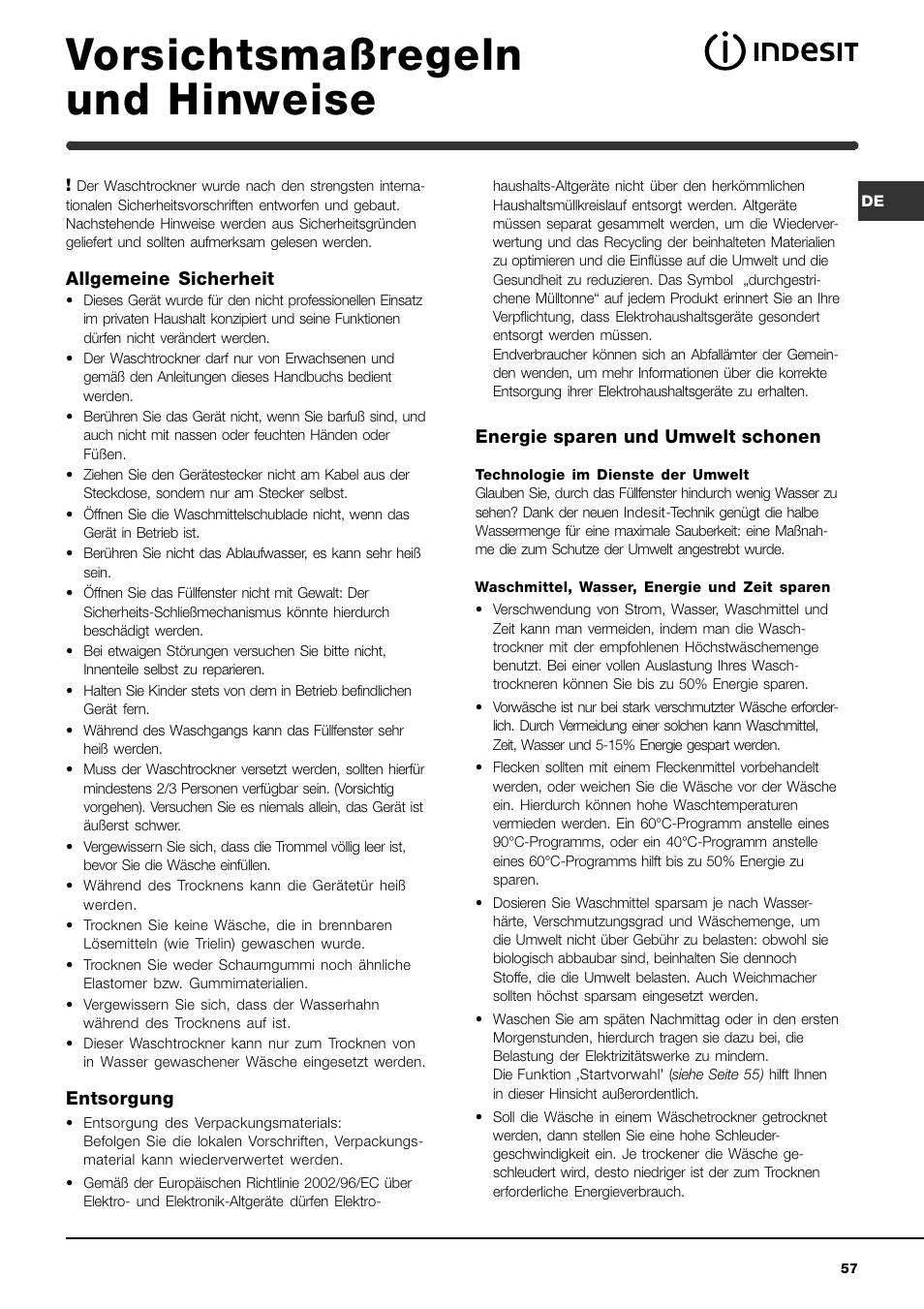 Vorsichtsmaßregeln und hinweise | Indesit WIDXL 106 User Manual | Page 57 / 72