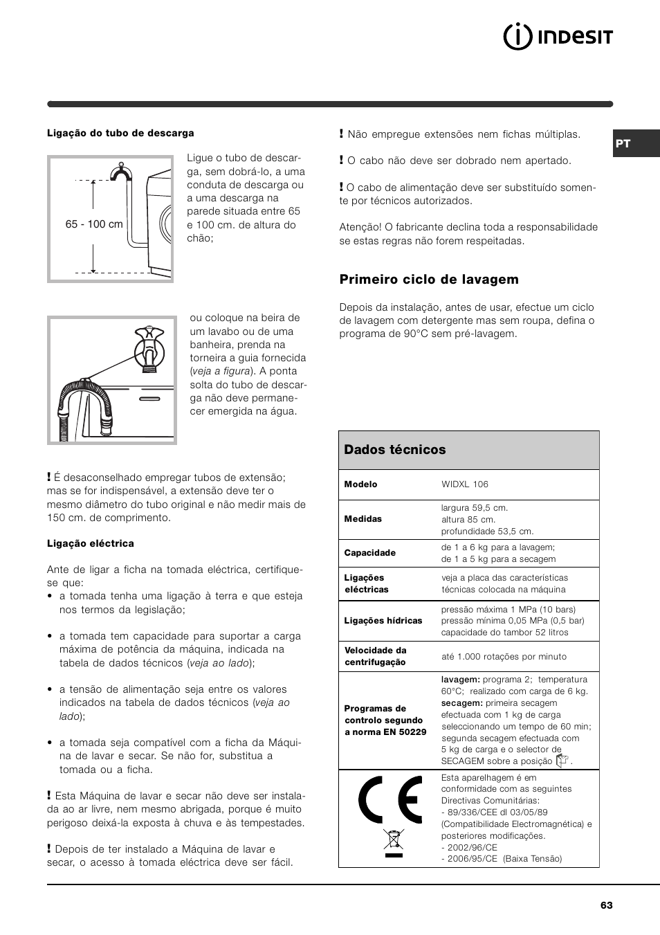 Primeiro ciclo de lavagem, Dados técnicos | Indesit WIDXL 106 User Manual | Page 63 / 72
