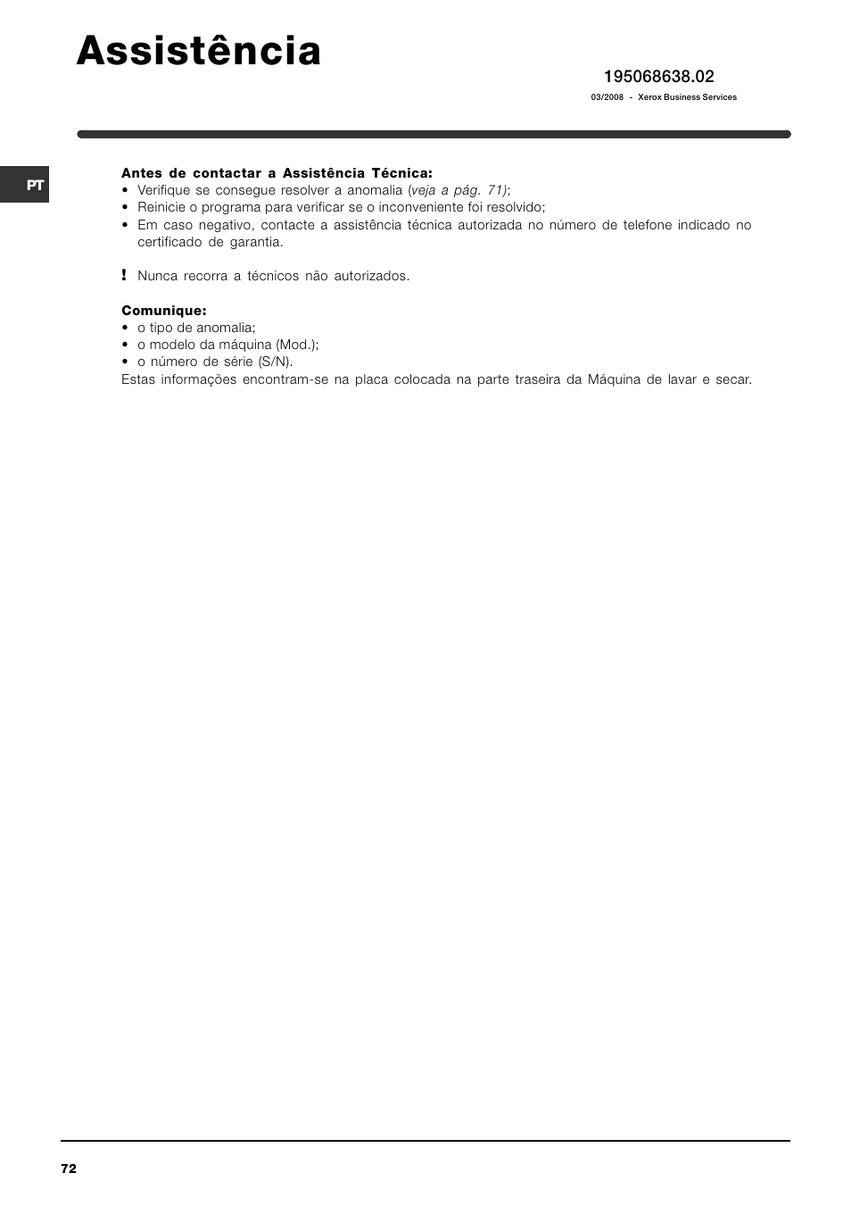 Assistência | Indesit WIDXL 106 User Manual | Page 72 / 72