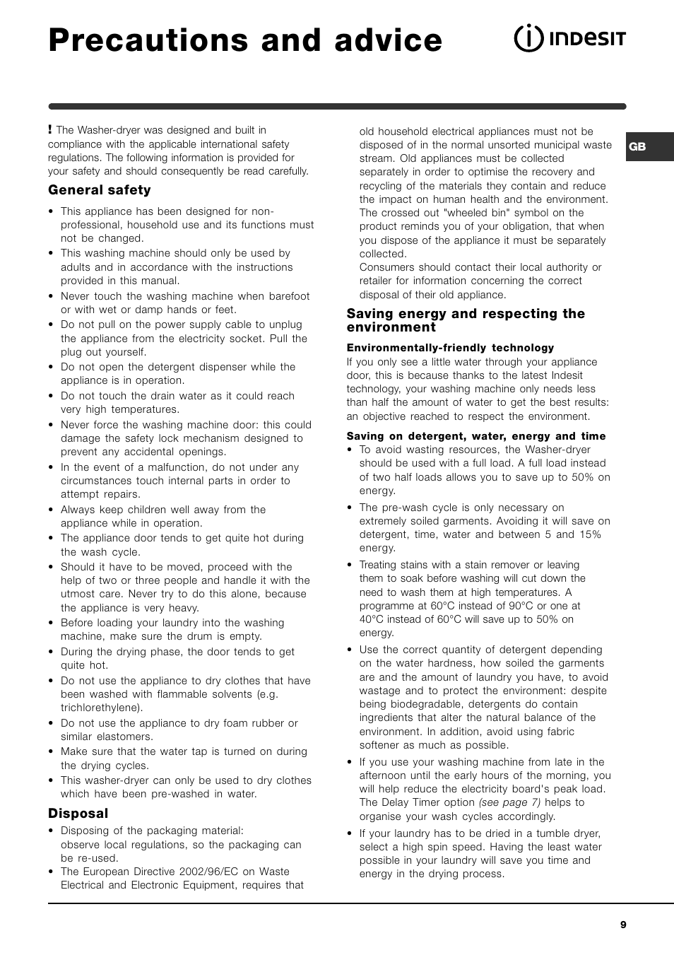 Precautions and advice, General safety, Disposal | Saving energy and respecting the environment | Indesit WIDXL 106 User Manual | Page 9 / 72