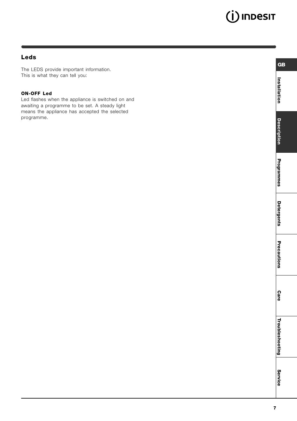 Leds | Indesit WI 101 User Manual | Page 7 / 16