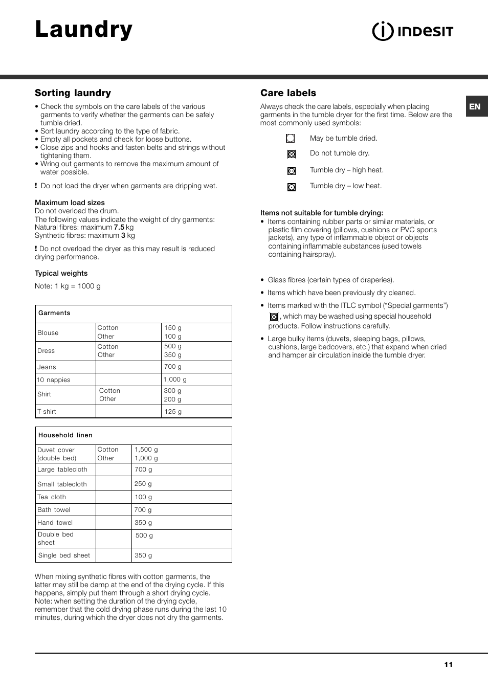 Laundry, Sorting laundry, Care labels | Indesit IDCE 845 User Manual | Page 11 / 20