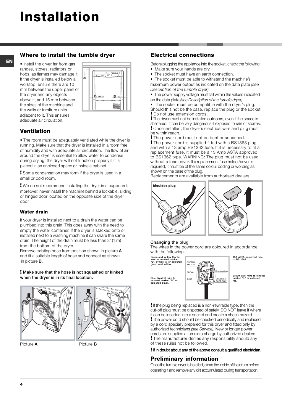 Installation, Where to install the tumble dryer, Ventilation | Electrical connections, Preliminary information | Indesit IDCE 845 User Manual | Page 4 / 20