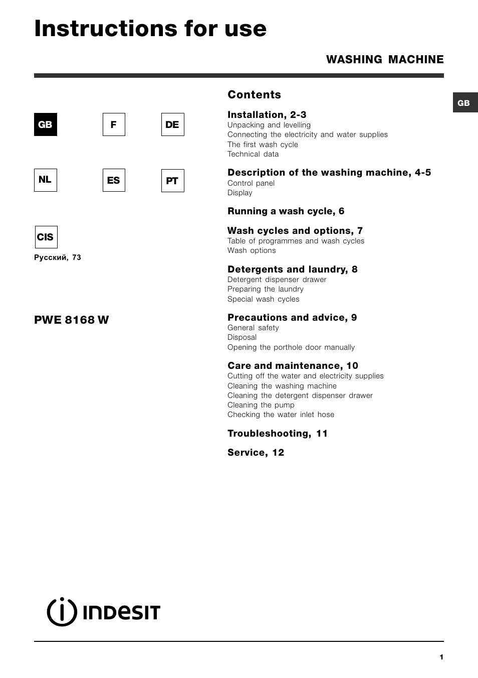 Indesit PWE 8168 W User Manual | 84 pages