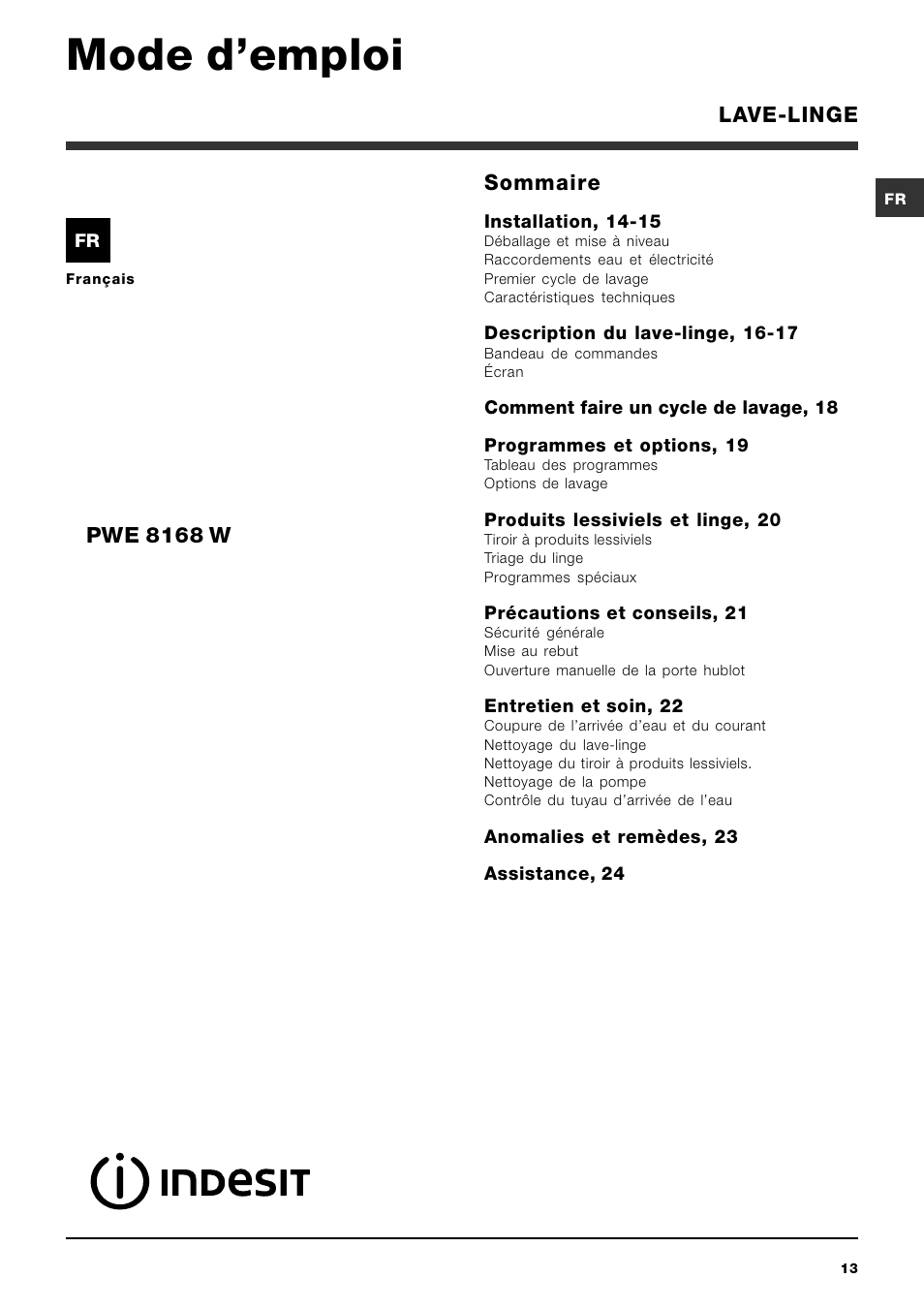 Mode demploi, Lave-linge sommaire, Pwe 8168 w | Indesit PWE 8168 W User Manual | Page 13 / 84