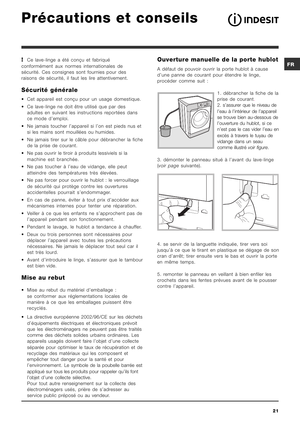 Précautions et conseils | Indesit PWE 8168 W User Manual | Page 21 / 84