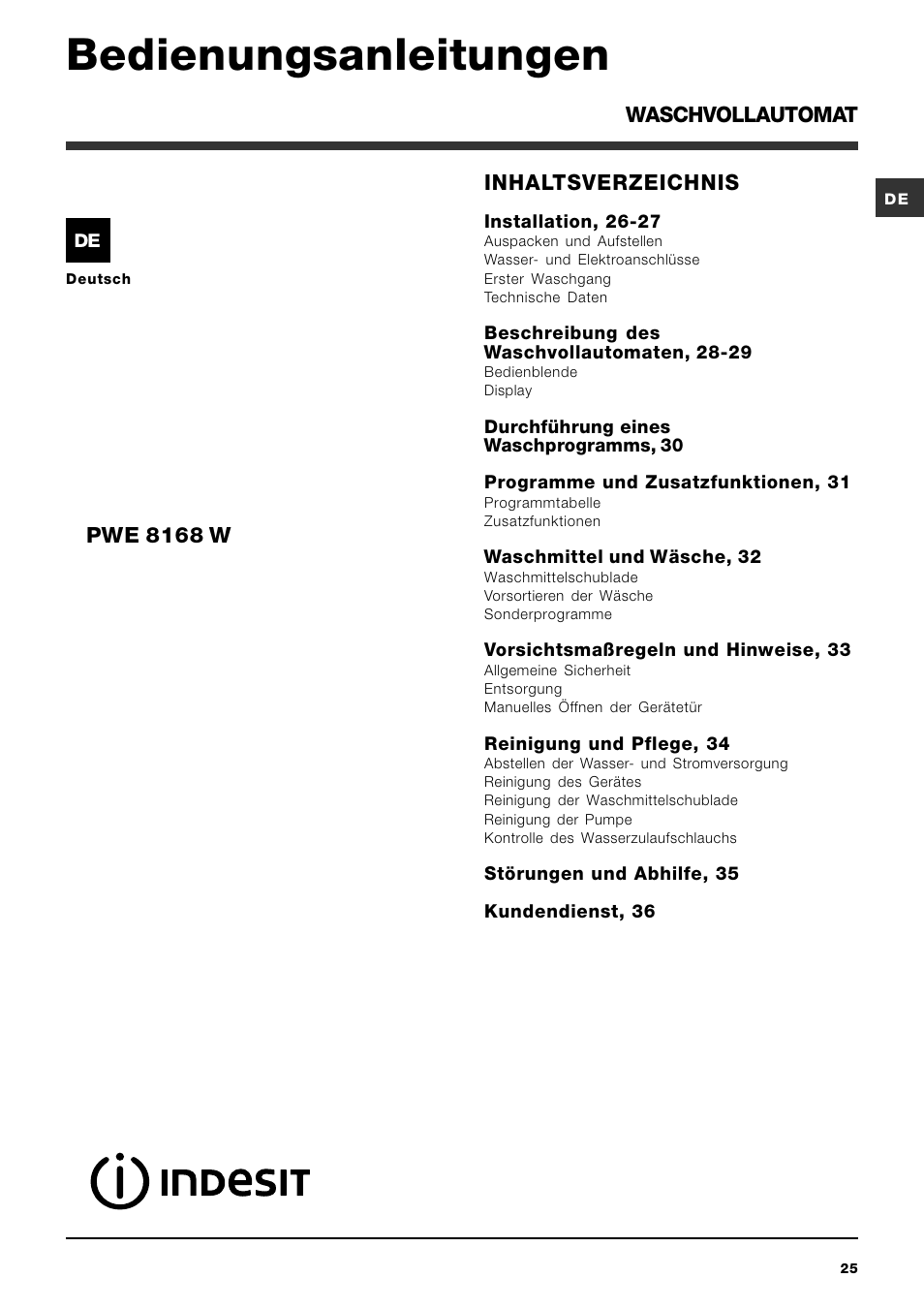 Bedienungsanleitungen, Waschvollautomat inhaltsverzeichnis, Pwe 8168 w | Indesit PWE 8168 W User Manual | Page 25 / 84