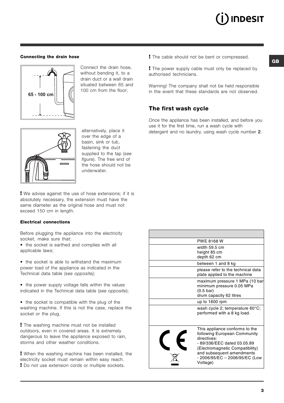 The first wash cycle | Indesit PWE 8168 W User Manual | Page 3 / 84