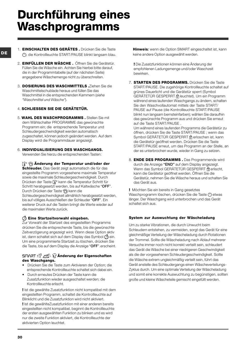 Durchführung eines waschprogramms | Indesit PWE 8168 W User Manual | Page 30 / 84