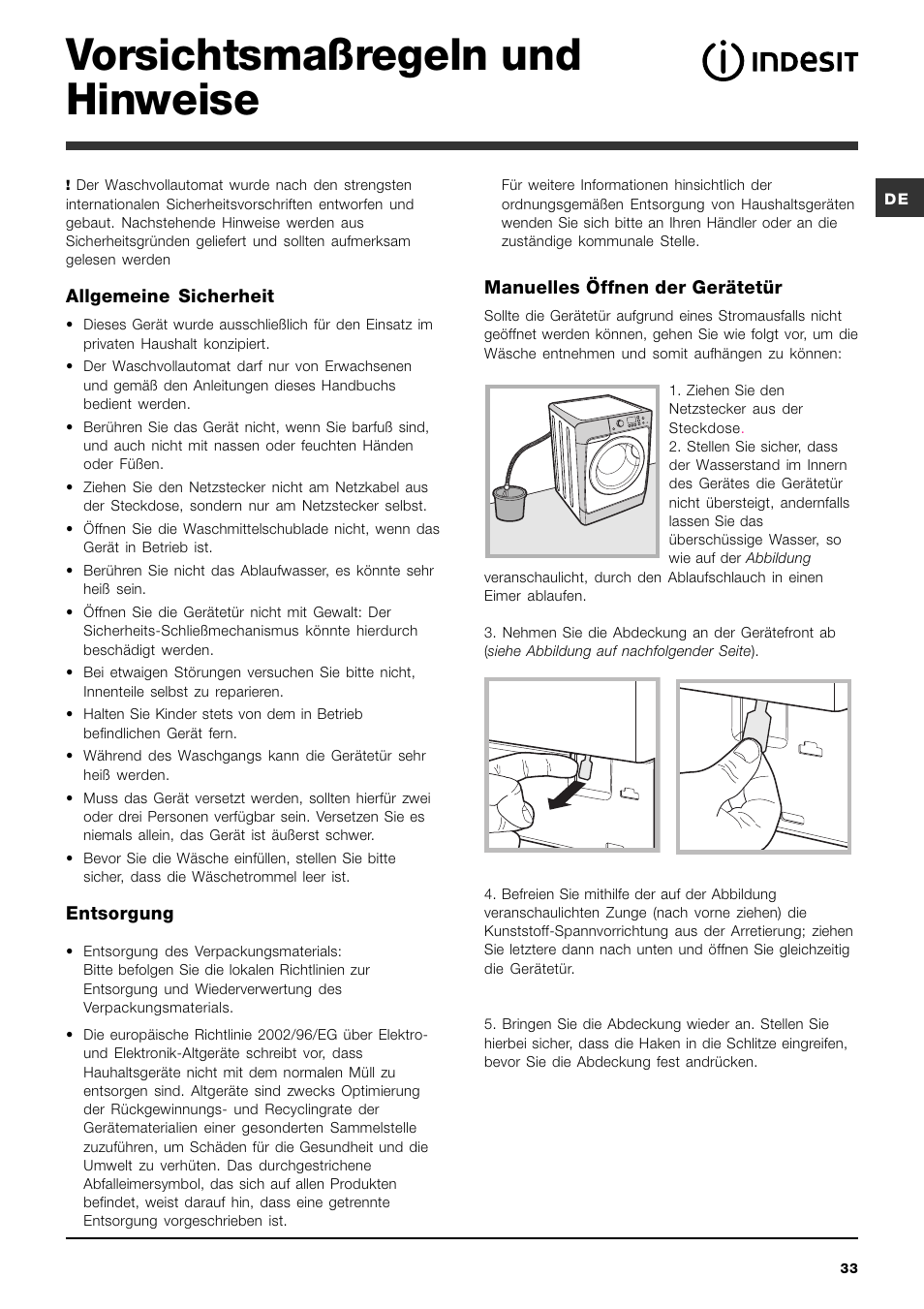Vorsichtsmaßregeln und hinweise | Indesit PWE 8168 W User Manual | Page 33 / 84