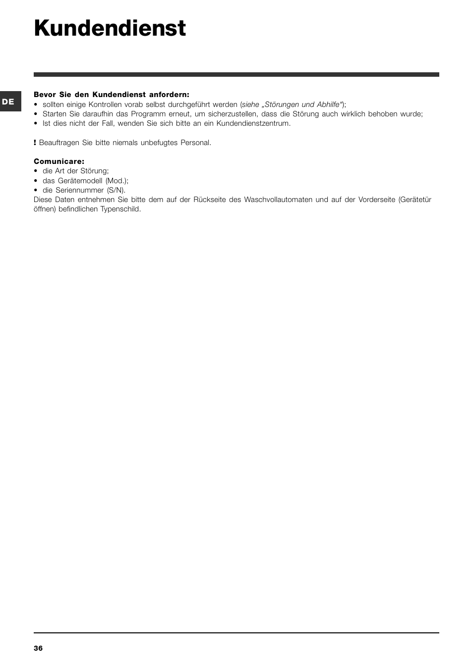Kundendienst | Indesit PWE 8168 W User Manual | Page 36 / 84