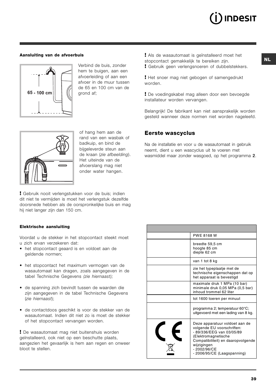 Eerste wascyclus | Indesit PWE 8168 W User Manual | Page 39 / 84