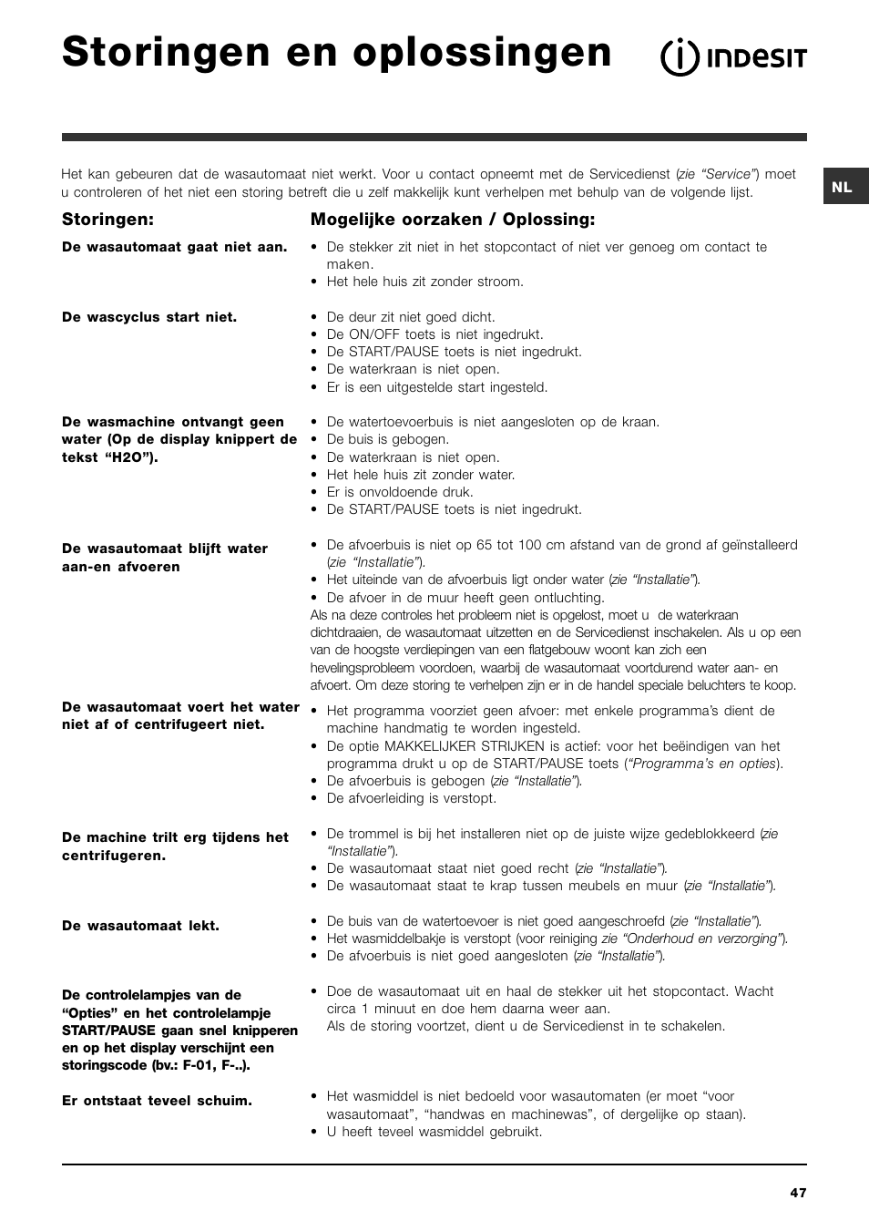 Storingen en oplossingen | Indesit PWE 8168 W User Manual | Page 47 / 84