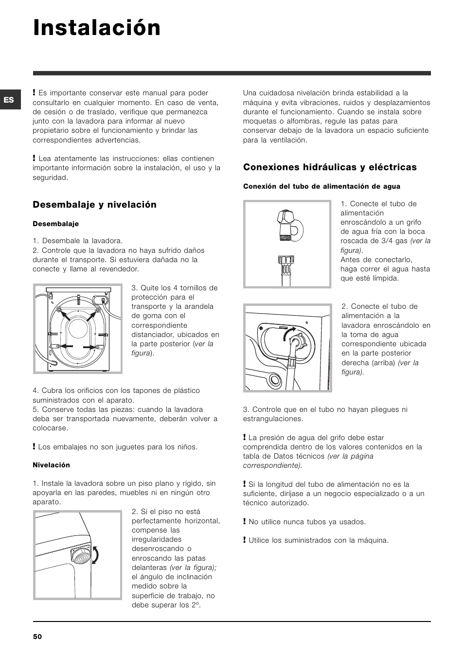 Instalación, Desembalaje y nivelación, Conexiones hidráulicas y eléctricas | Indesit PWE 8168 W User Manual | Page 50 / 84