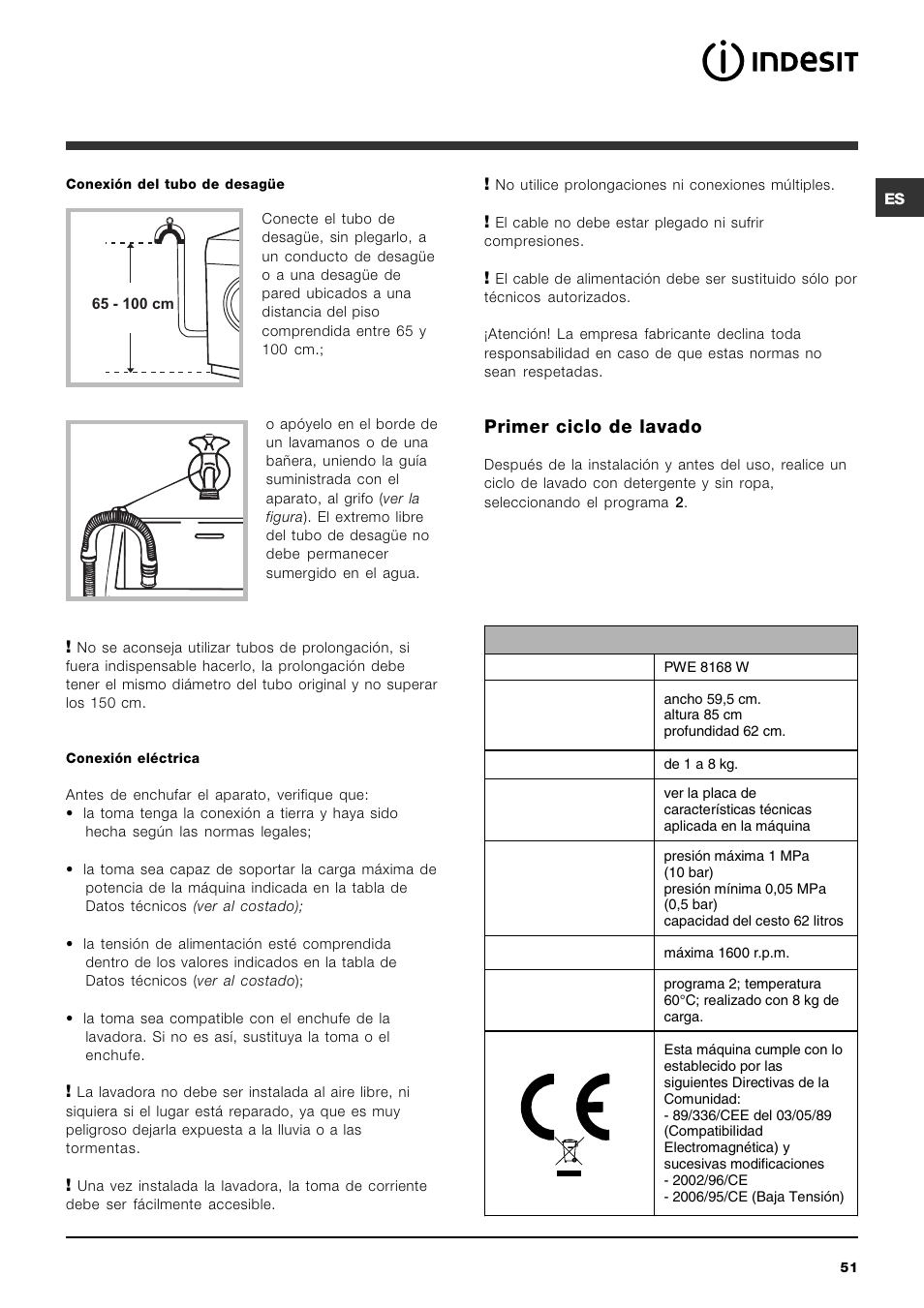 Primer ciclo de lavado | Indesit PWE 8168 W User Manual | Page 51 / 84