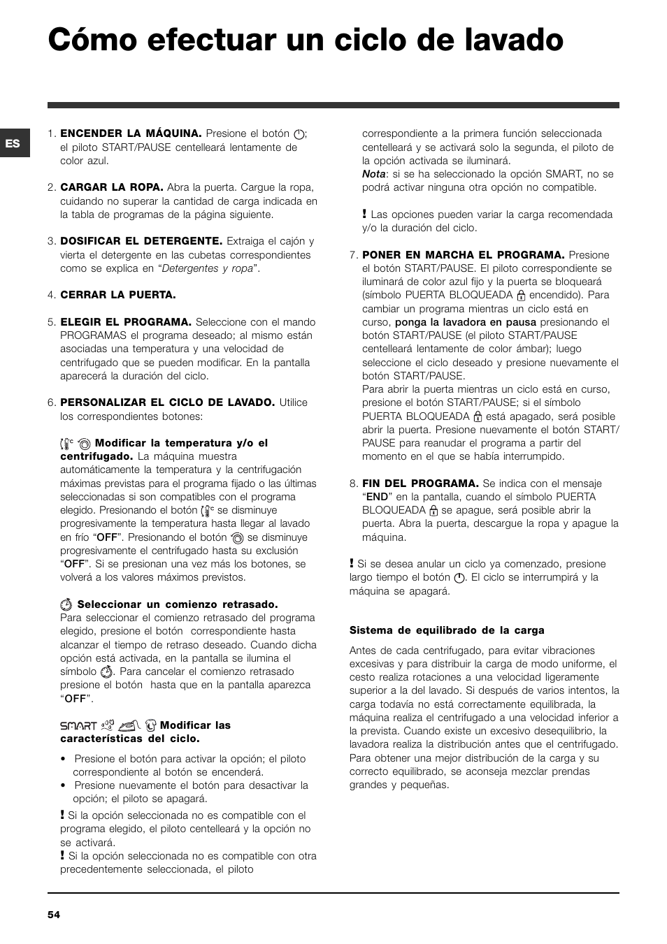 Cómo efectuar un ciclo de lavado | Indesit PWE 8168 W User Manual | Page 54 / 84