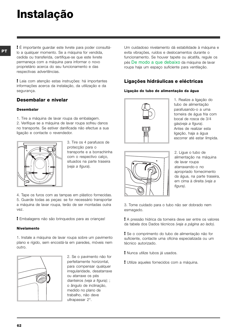 Instalação | Indesit PWE 8168 W User Manual | Page 62 / 84