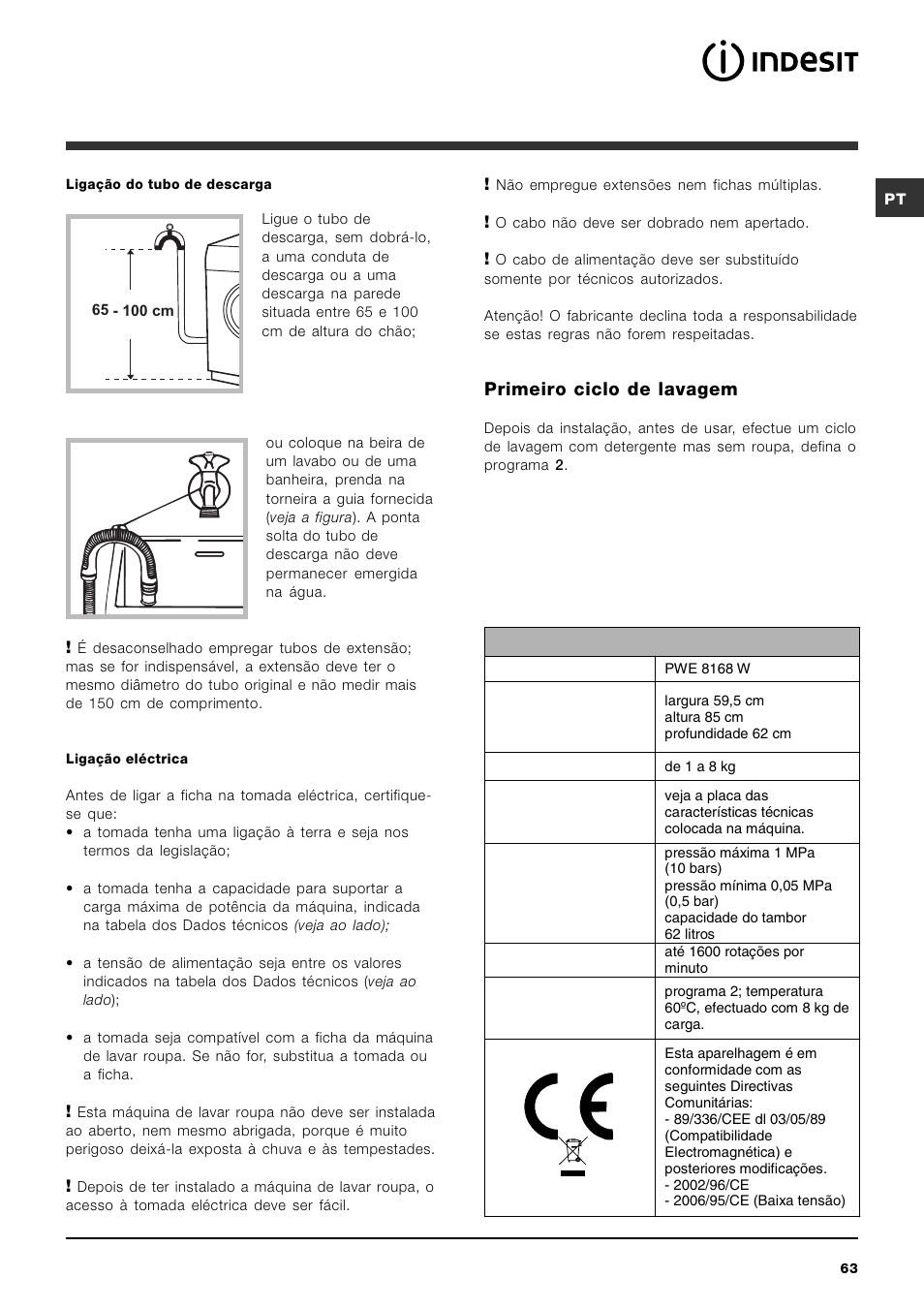 Primeiro ciclo de lavagem | Indesit PWE 8168 W User Manual | Page 63 / 84