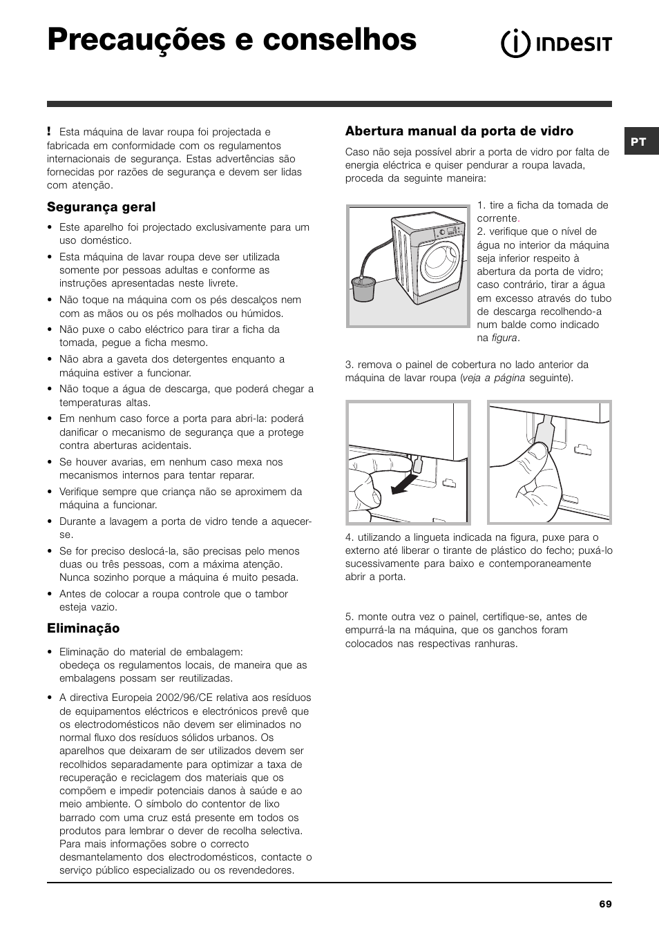 Precauções e conselhos | Indesit PWE 8168 W User Manual | Page 69 / 84