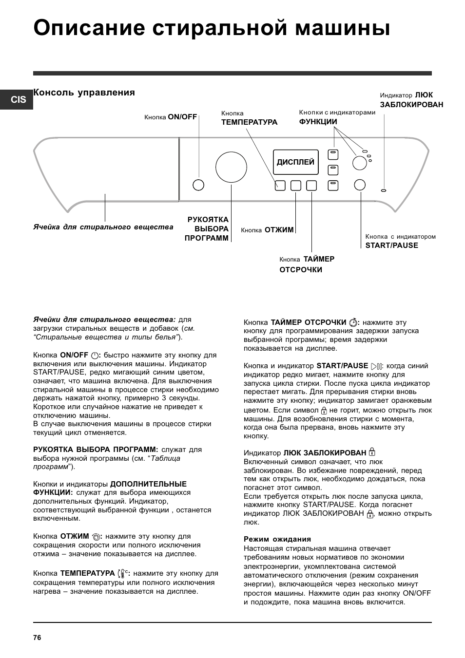 Описание стиральной машины, Консоль управления | Indesit PWE 8168 W User Manual | Page 76 / 84