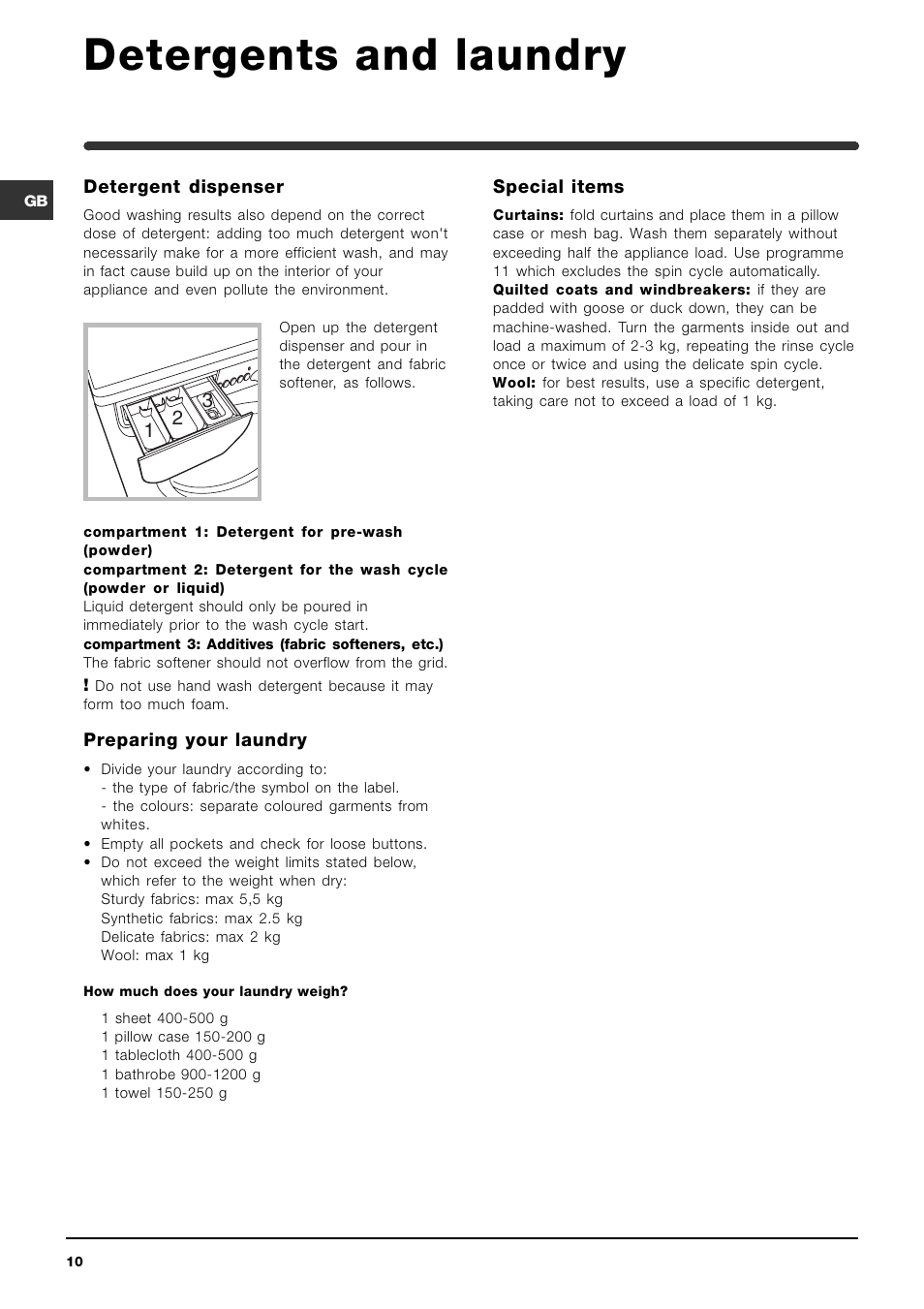 Detergents and laundry | Indesit WIB101 User Manual | Page 10 / 16